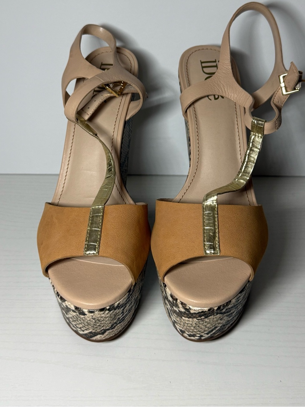 Platform Wedge Sandals in Tan and Gold